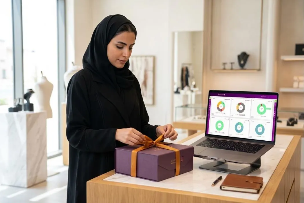 تاجرة سعودية تغلّف طلباً إلكترونياً بجانب لوحة تحكم متجرها